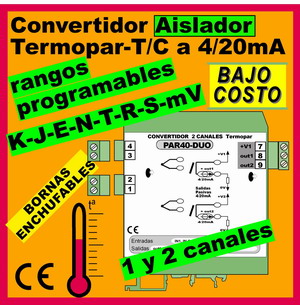 Convertidor-Aislador de Termopar J-K-T-R-S-B-L-N, salida 4/20mA y 0/10V (Caja Rail)